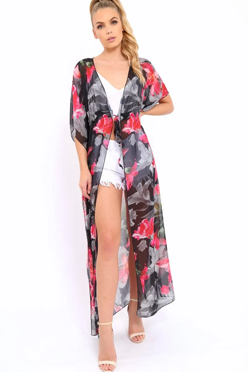 Fuchsia Floral Print Long Kimono - Vonda