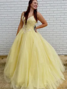 Gorgeous V Neck Beaded Yellow Long Prom Dresses, V Neck Yellow Formal Dresses, Yellow Evening Dresses, Ball