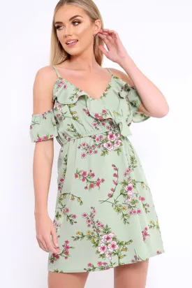 Green Floral Print Cold Shoulder Dress - Olyvia