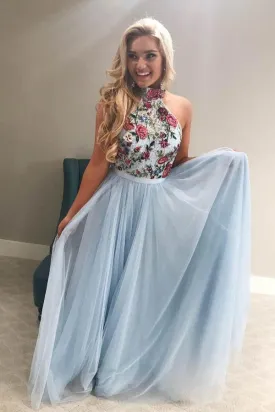 High Neck Tulle Sky Blue Long Prom/Formal Dress with Embroidery PG860