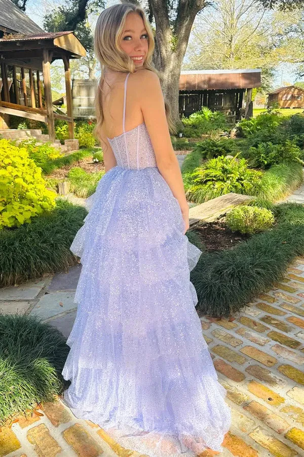 Lavender Tulle Sequin Ruffle Tiered Long Prom Dress Formal Dress PSK543