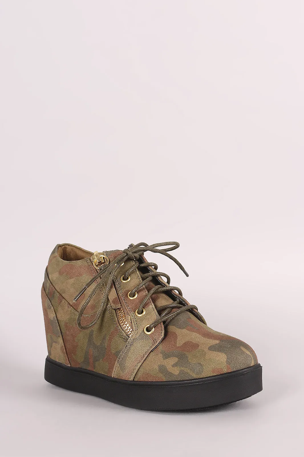 Liliana Camouflage Zipper Trim Lace Up Wedge Sneaker