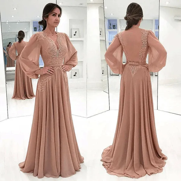 Long Sleeve Prom Dresses Deep V Neck A Line Pink Prom Dress PSK346