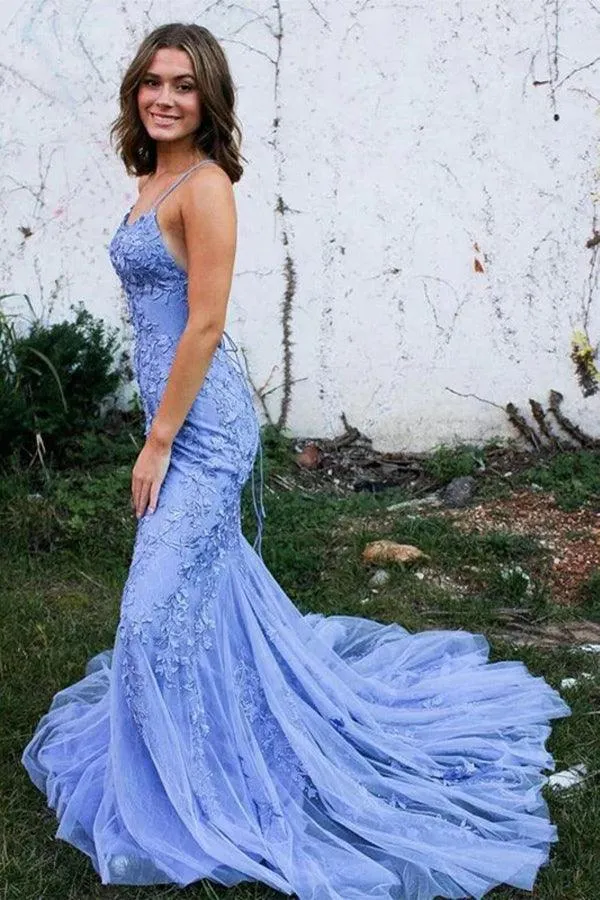 Mermaid Backless Blue Lace Long Prom Dresses Formal Dresses PSK424