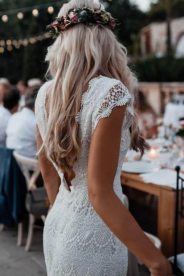 Mermaid Backless Lace Boho Cap Sleeve Bohemian Wedding Dress WD435