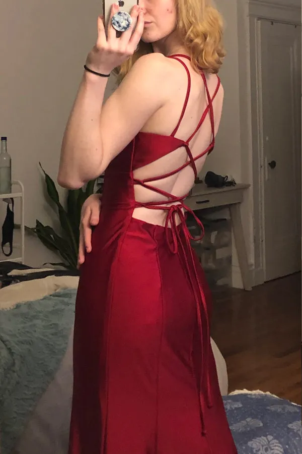 Mermaid V Neck Cross Back Burgundy Satin Long Prom Dress PSK535