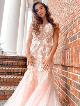 Mermaid V Neck Open Back Pink Lace Floral Long Prom, Mermaid Pink Lace Formal, Pink Lace Evening