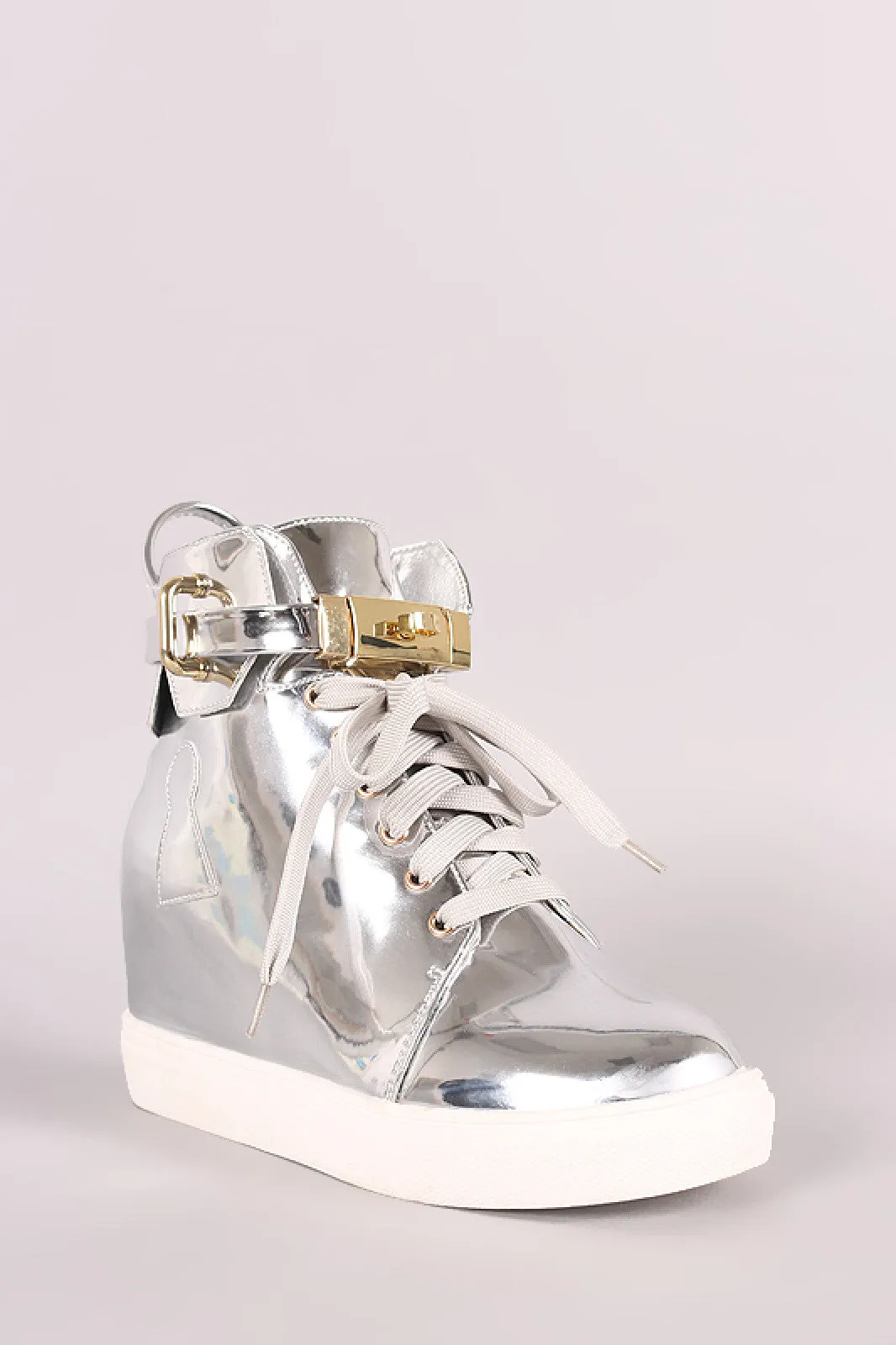 Mirror Metallic Twist-Lock Lace Up High Top Wedge Sneaker