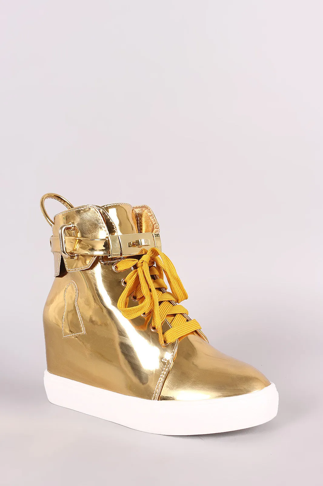 Mirror Metallic Twist-Lock Lace Up High Top Wedge Sneaker