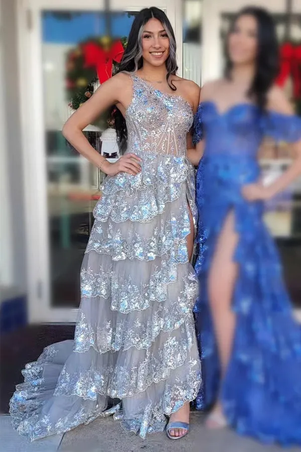 Navy Blue Tulle Sequin One-Shoulder Long Prom Dress with Slit PSK489