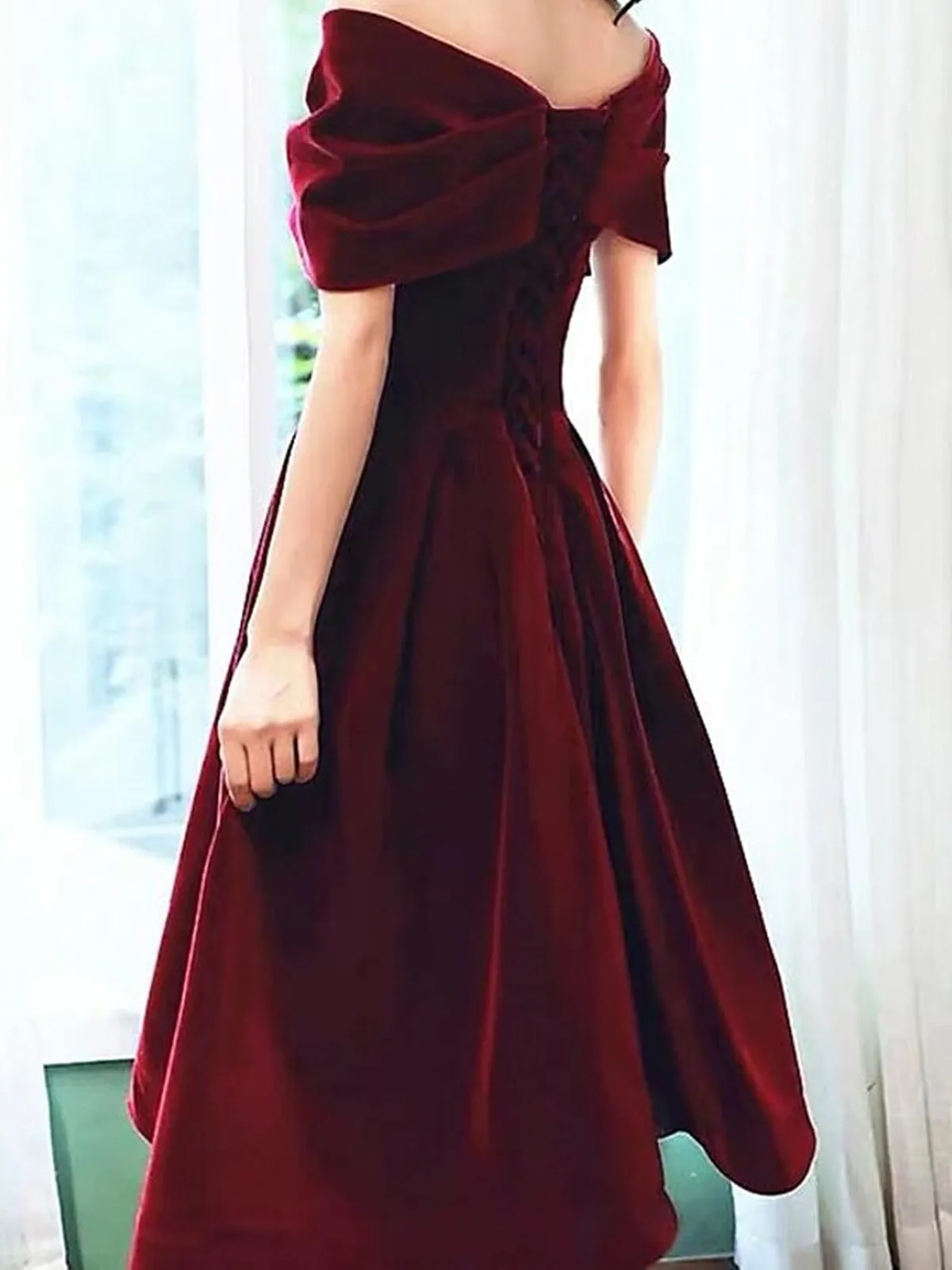 Off Shoulder Green/Burgundy Velvet Short Prom Homecoming Dresses, Green/Burgundy Velvet Formal Graduation Evening Dresses