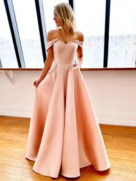 Off Shoulder Pink Long Prom with Pocket, Off the Shoulder Pink Formal, Pink Evening