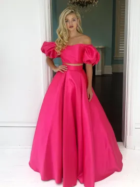 Off the Shoulder 2 Pieces Hot Pink Long Prom, Off Shoulder Hot Pink Formal, Hot Pink Evening