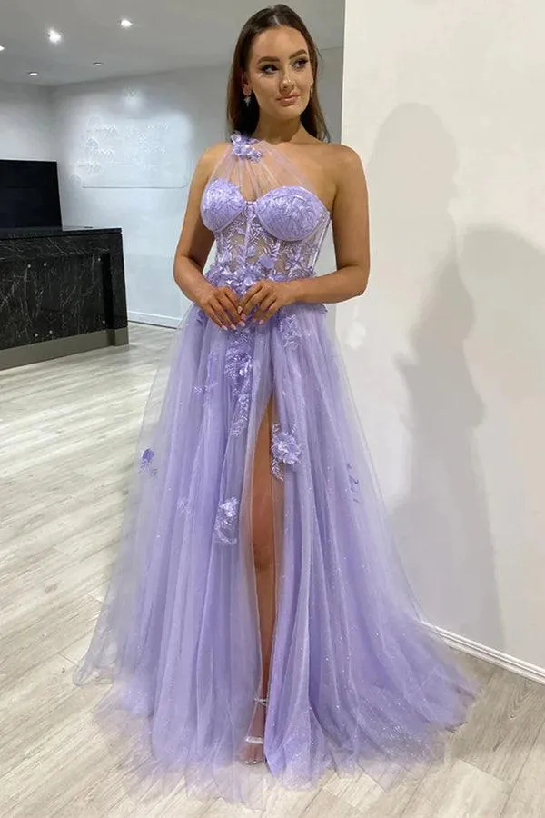 One Shoulder Purple Blue Lace Split Prom Dresses Evening Dresses PSK426