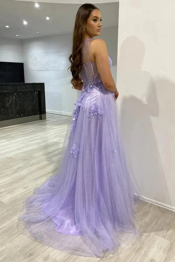 One Shoulder Purple Blue Lace Split Prom Dresses Evening Dresses PSK426