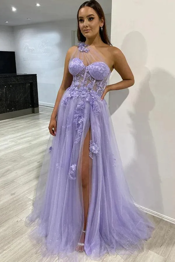 One Shoulder Purple Blue Lace Split Prom Dresses Evening Dresses PSK426