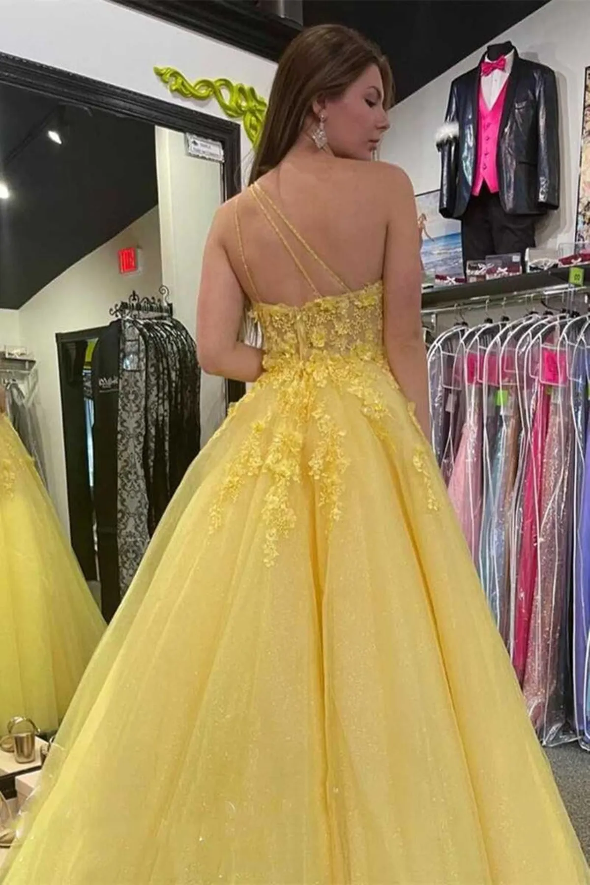 One Shoulder Yellow Tulle Lace Floral Long Prom Dress, Yellow Lace Formal Dress, Yellow Evening Dress A1528