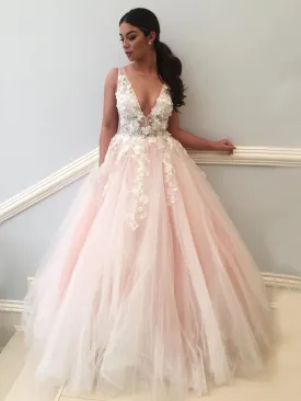 Pink V Neck Backless Lace Appliques Tulle Long Prom, V Neck Pink Lace Ball Gown, Pink Formal, Pink Lace Evening