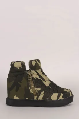 Quilted Camouflage Zipper High Top Wedge Sneaker