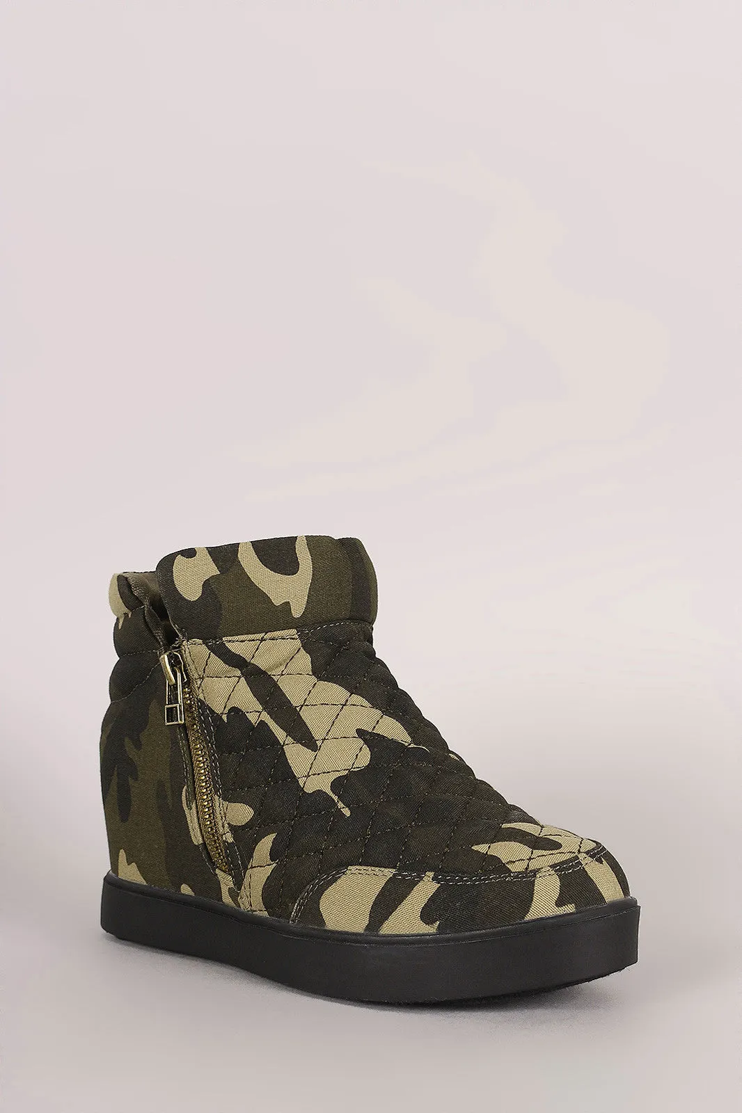 Quilted Camouflage Zipper High Top Wedge Sneaker