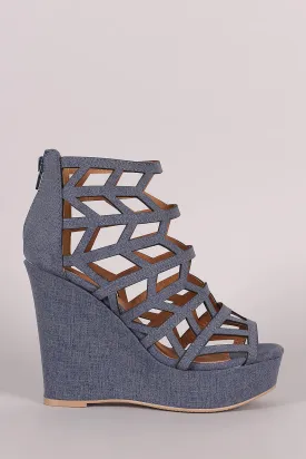 Qupid Denim Geometric Cage Platform Wedge