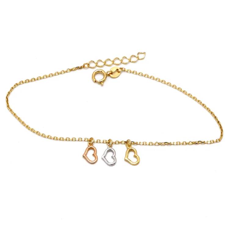 Real Gold Luxury 3-Color 3-Heart Dangler Charm Anklet - Model 8410 A1334