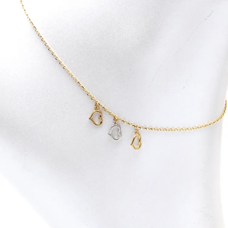 Real Gold Luxury 3-Color 3-Heart Dangler Charm Anklet - Model 8410 A1334