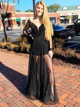 Shiny Long Sleeves V Neck Lace Sequins Black Long Prom, Long Sleeves Black Formal, Black Evening