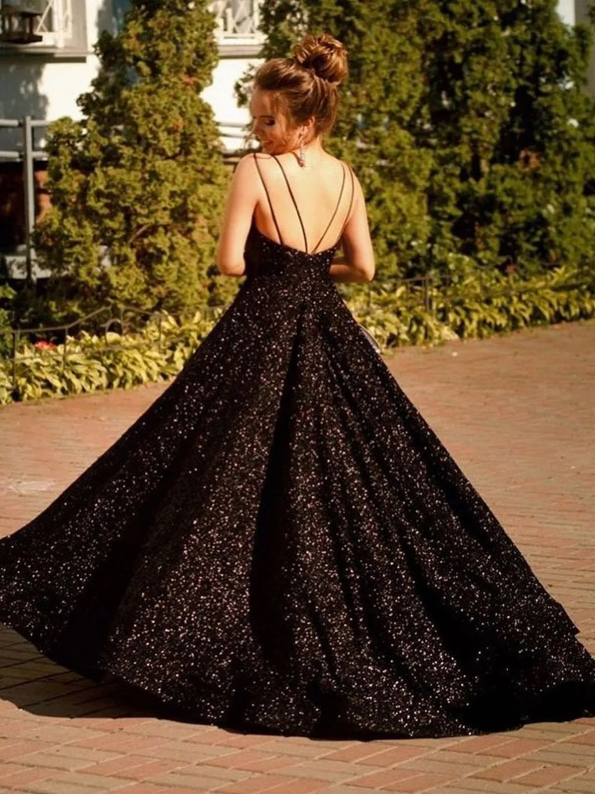 Shiny V Neck Backless Black Long Prom Dresses, Open Back Black Formal Evening Dresses, Sparkly Black Ball