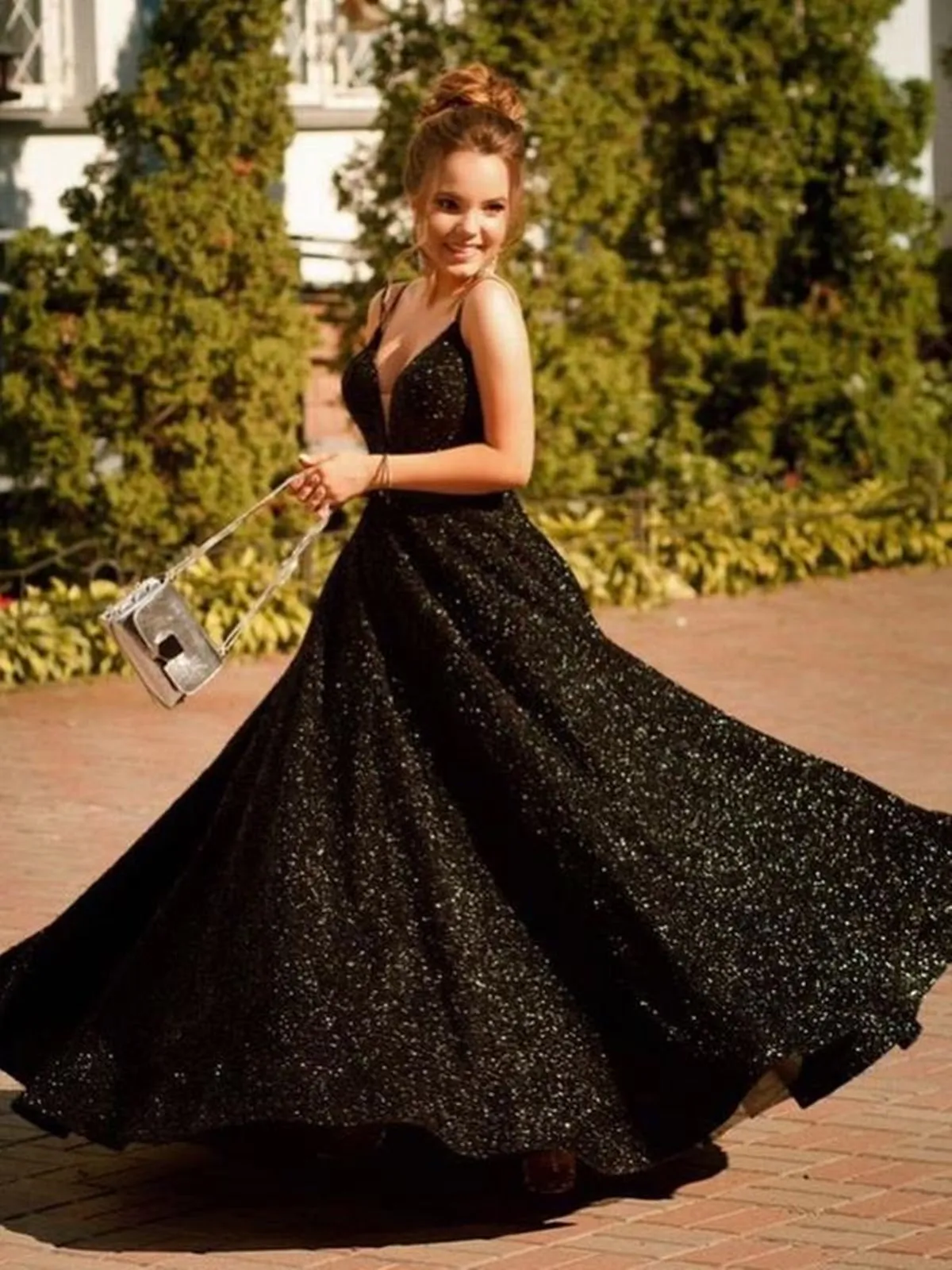 Shiny V Neck Backless Black Long Prom Dresses, Open Back Black Formal Evening Dresses, Sparkly Black Ball