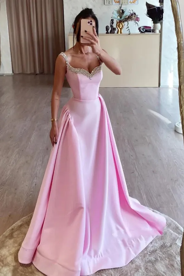 Simple A Line Pink Satin Long Prom Dresses with Beadings PSK562