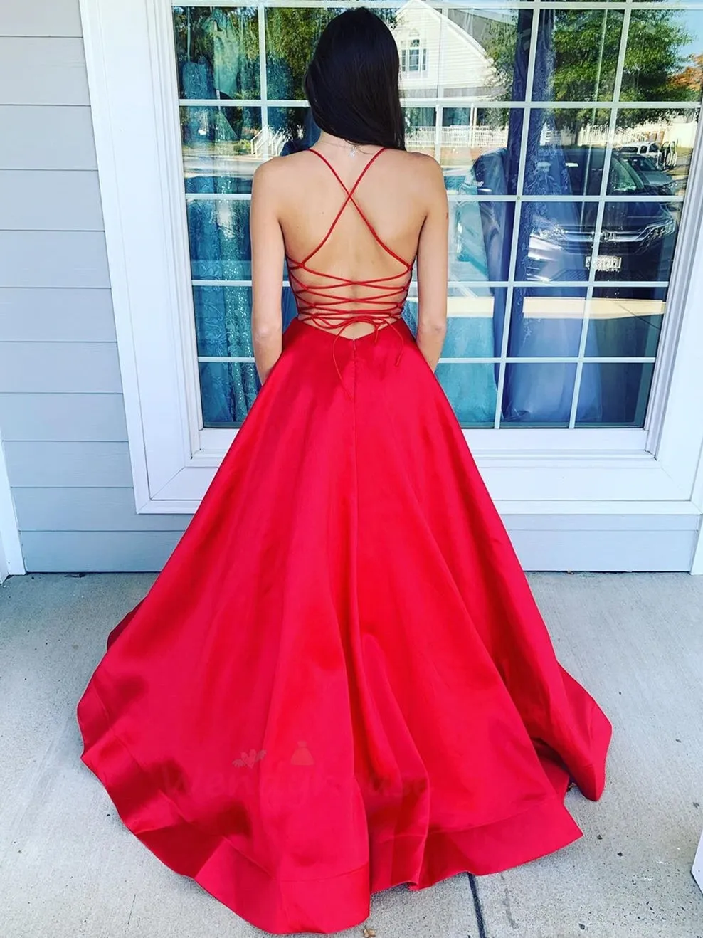 Simple V Neck Backless Red Long Prom 2020 with Pocket, V Neck Backless Red Formal Graduation Evening