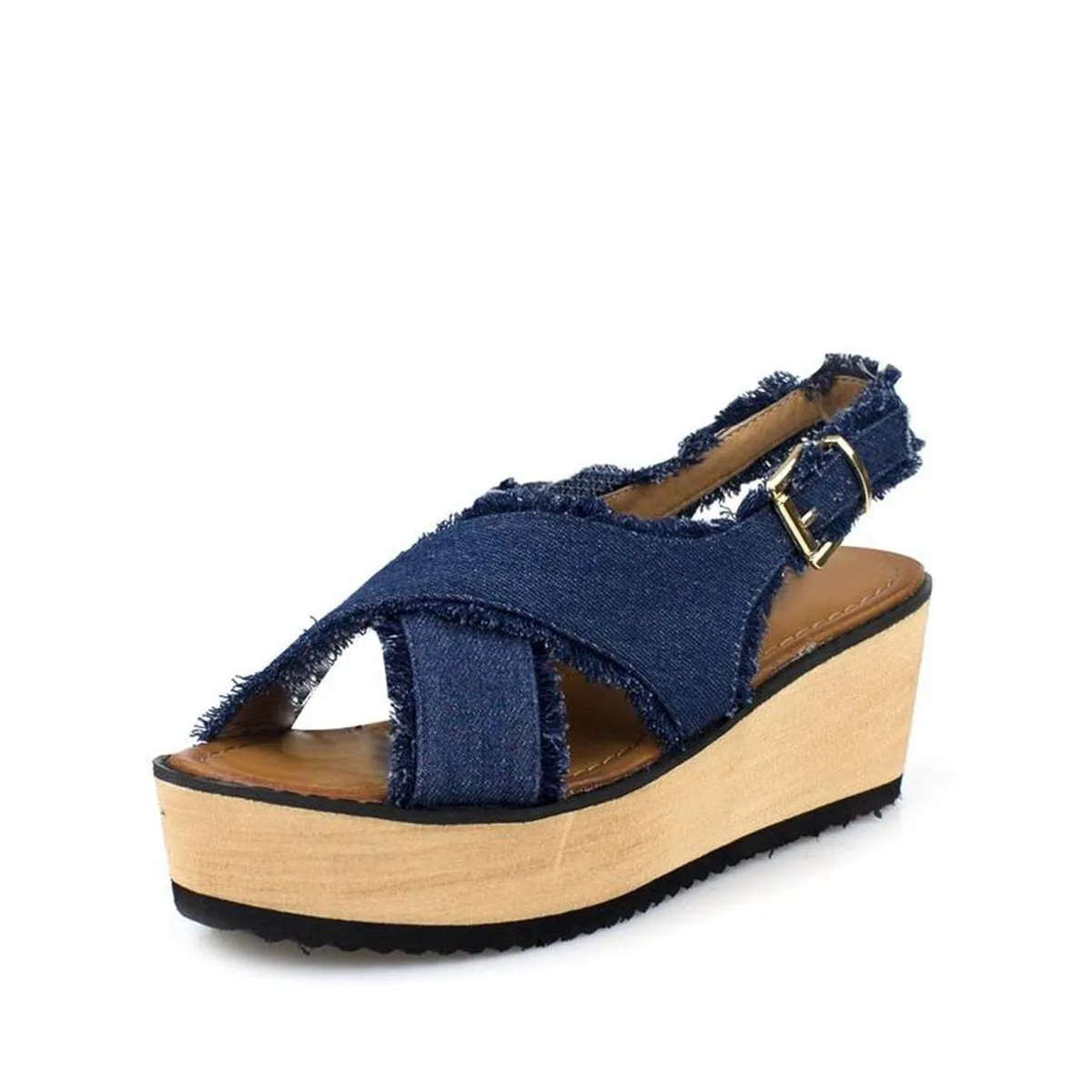 Sonia Frayed Ankle Strap Denim Wedge