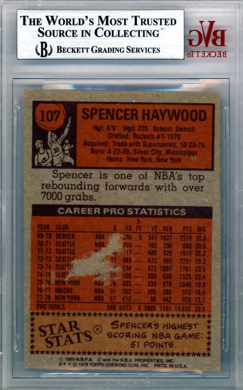 Spencer Haywood Autographed 1978 Topps Card #107 New York Knicks Beckett BAS #10009082