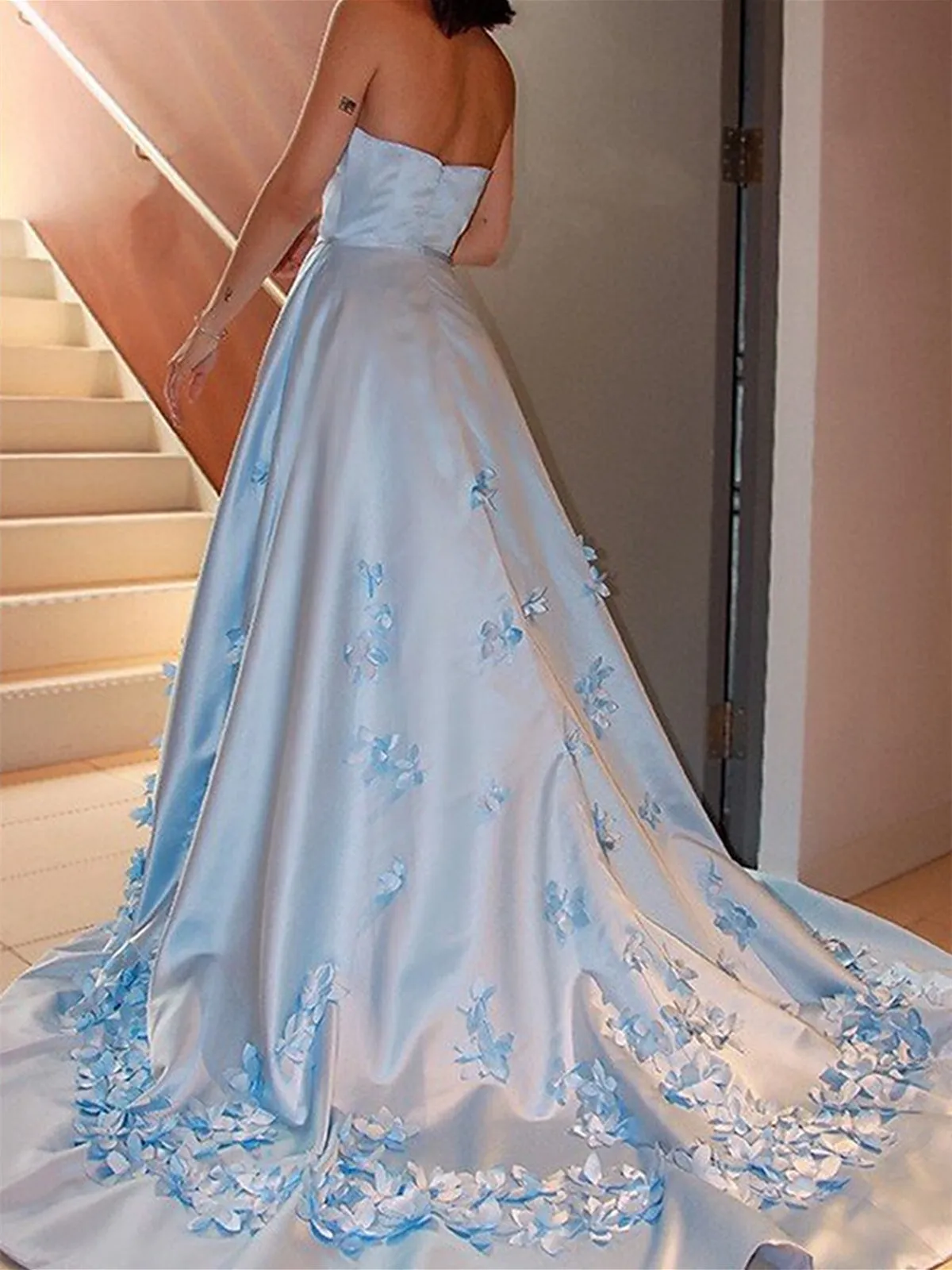 Strapless Light Blue Satin Floral Long Prom Dresses, Light Blue Formal Dresses with 3D Flowers, Light Blue Evening Dresses