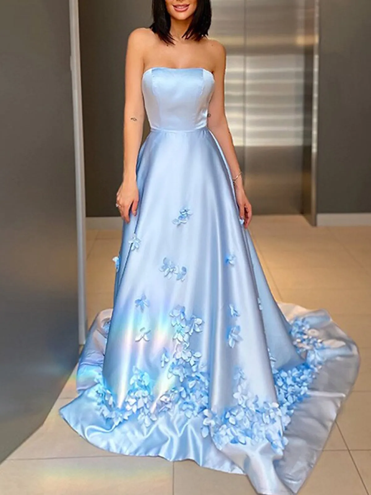 Strapless Light Blue Satin Floral Long Prom Dresses, Light Blue Formal Dresses with 3D Flowers, Light Blue Evening Dresses