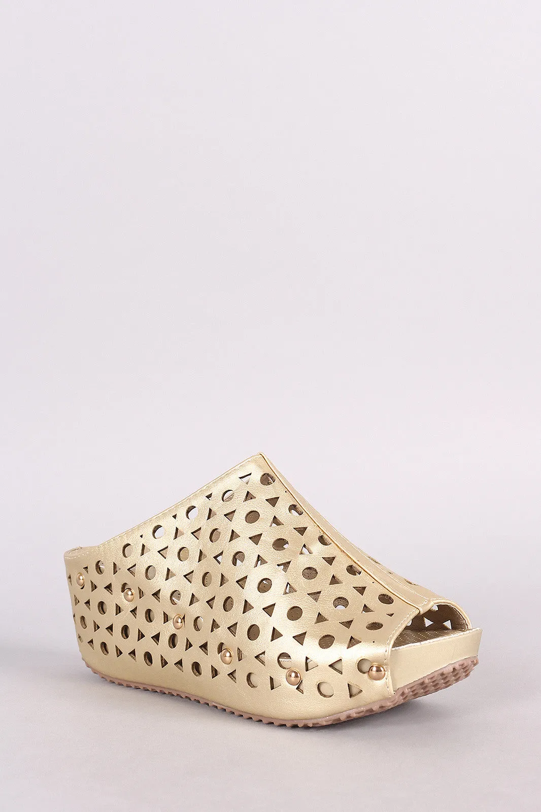 Studded Laser-Cut Peep Toe Platform Slide Wedge Mules