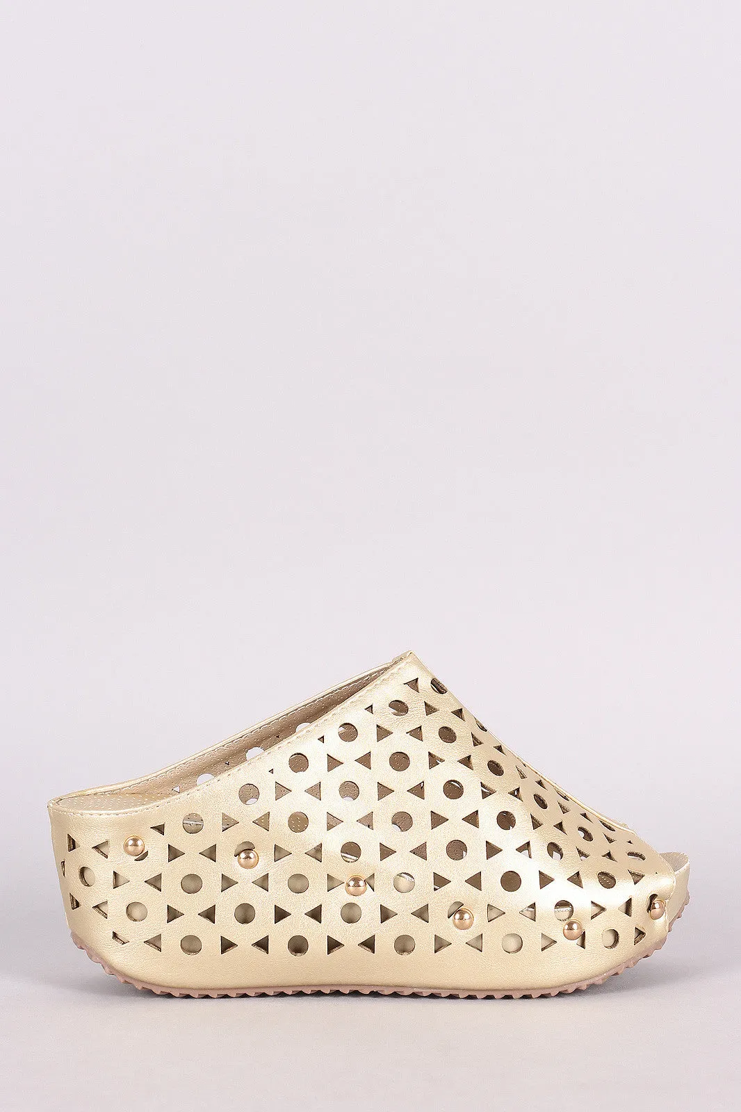 Studded Laser-Cut Peep Toe Platform Slide Wedge Mules