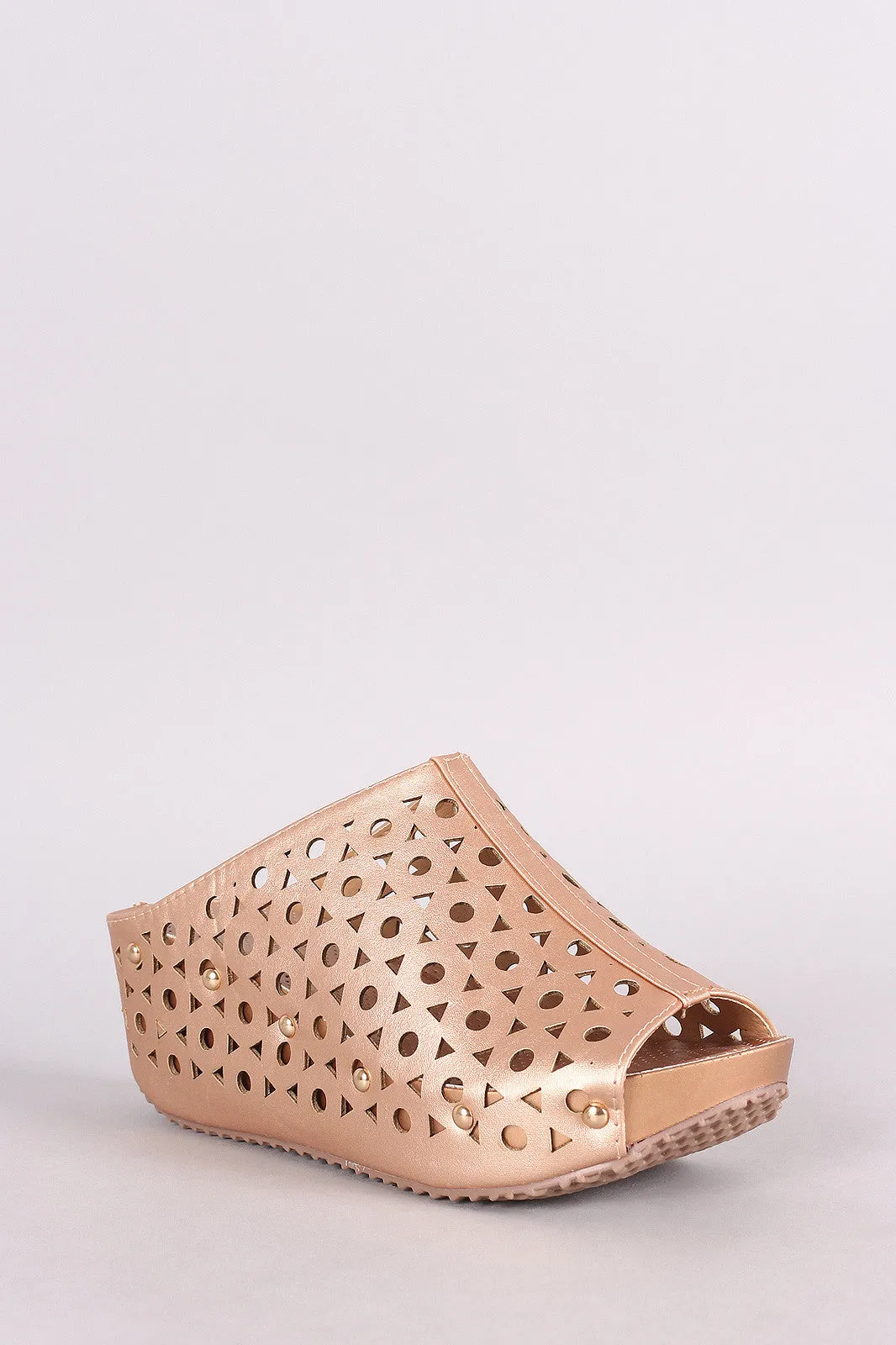 Studded Laser-Cut Peep Toe Platform Slide Wedge Mules