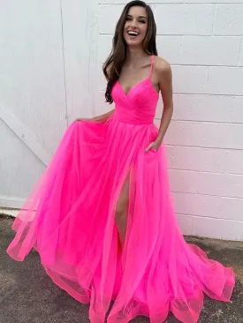 Stylish A Line V Neck Hot Pink Long Prom with High Slit, V Neck Hot Pink Formal, Hot Pink Evening