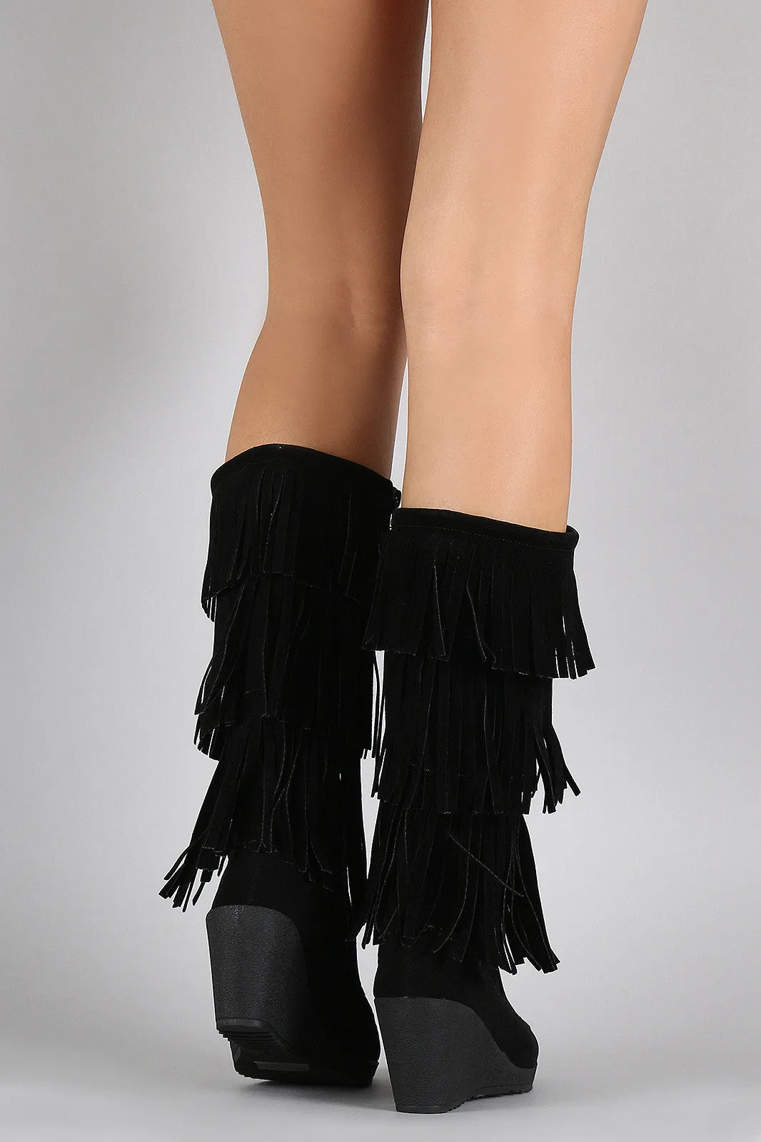 Suede Layered Fringe Moccasin Wedge Boots