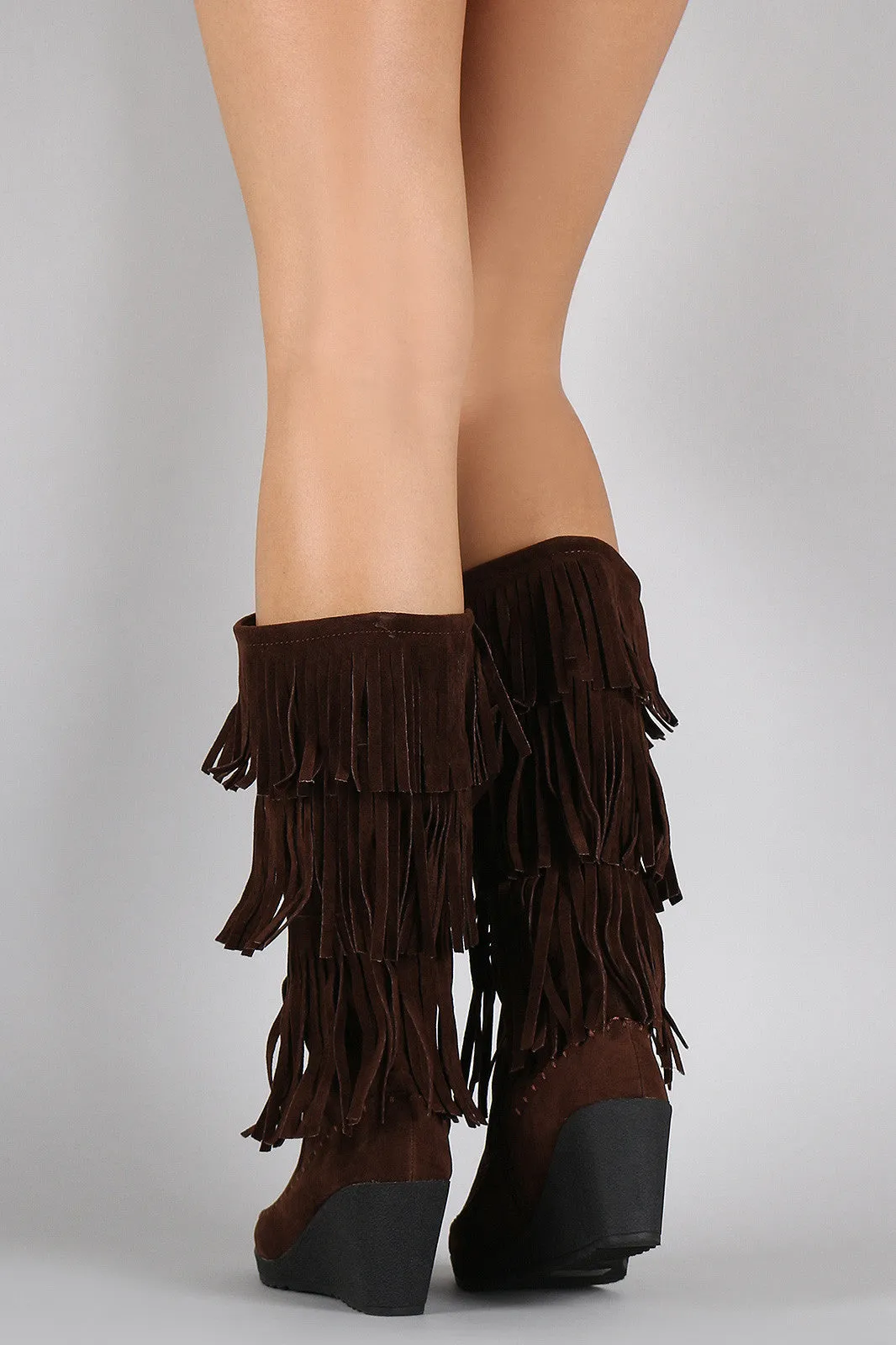 Suede Layered Fringe Moccasin Wedge Boots