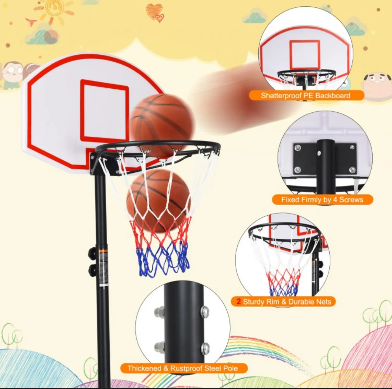 Super Cool Heavy Duty Adjustable Basketball Net / Hoop With Wheels | Stand | From 5.5ft To 7ft | Indoor | Outdoor