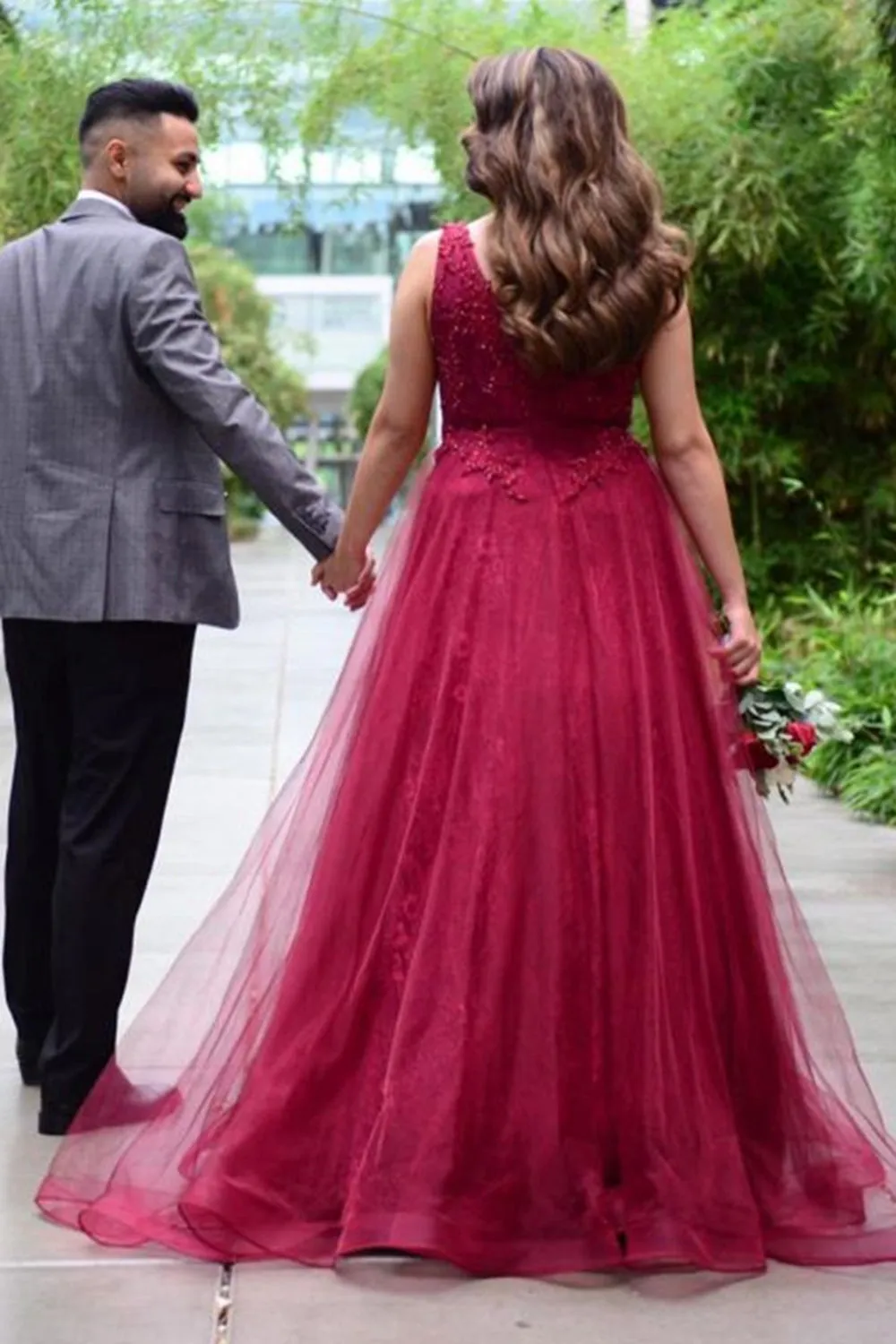 V Neck Burgundy Lace Beaded Long Prom Dress, Burgundy Lace Formal Dress, Burgundy Evening Dress A1336