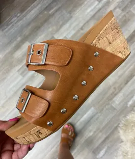 Walk Me Out Buckle Wedge Sandal Cognac (Ships in 1-2 Weeks)