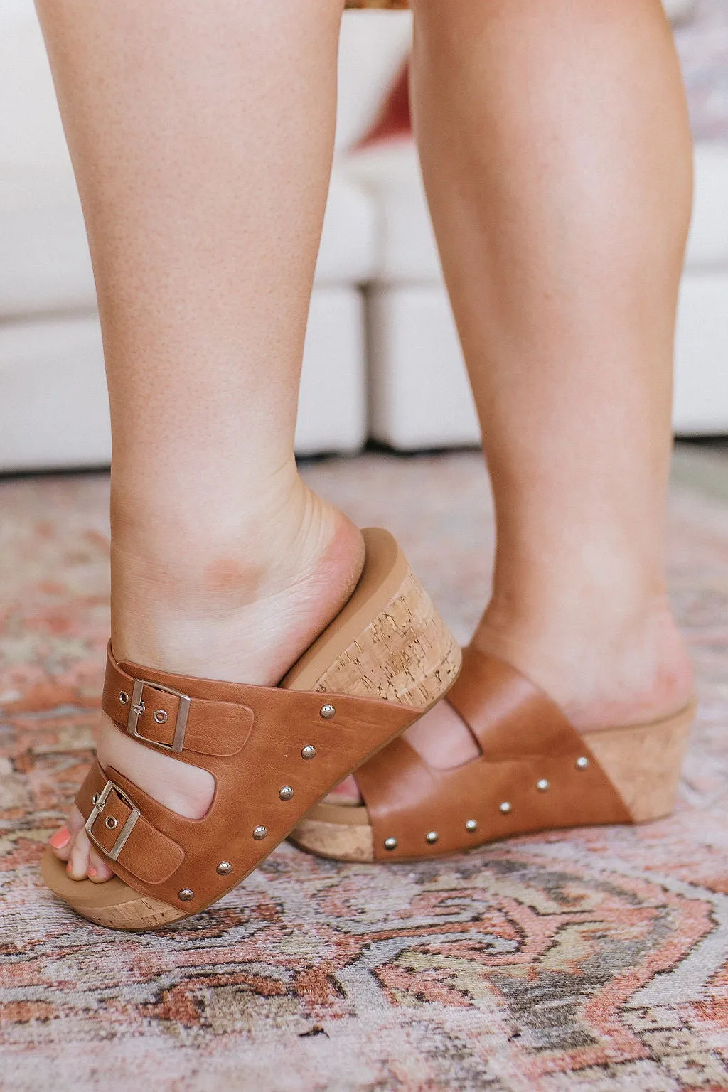 Walk Me Out Buckle Wedge Sandal Cognac (Ships in 1-2 Weeks)